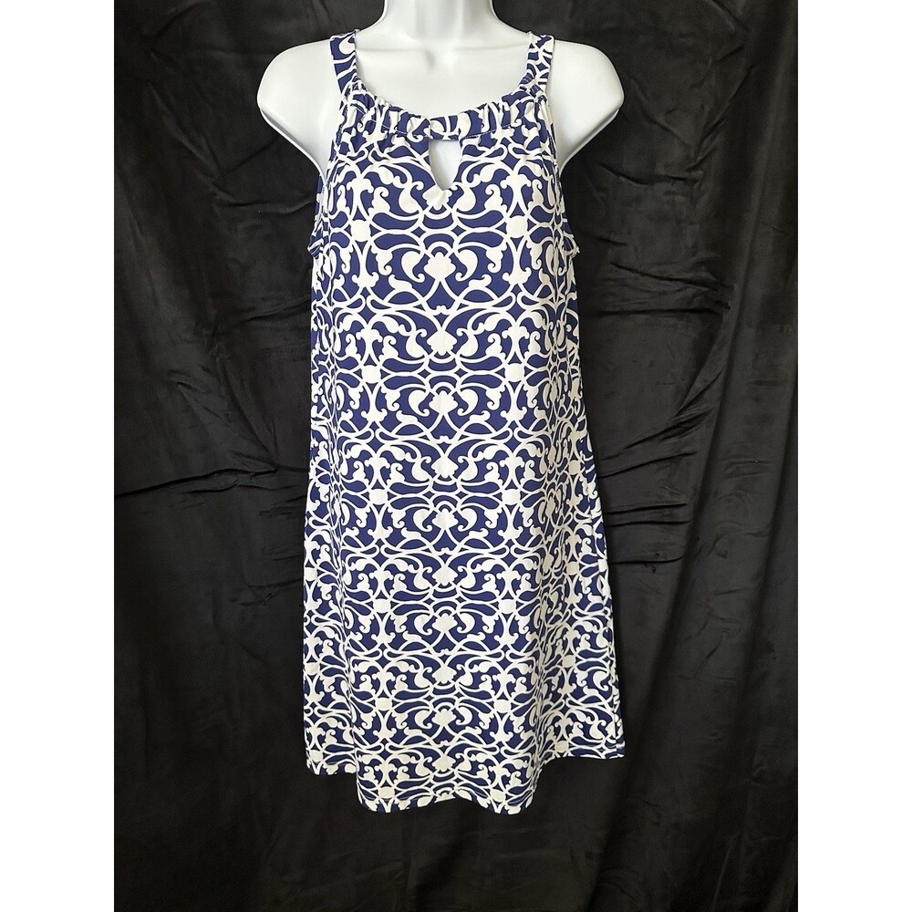 Barbara Gerwit Sleeveless Blue & White Pattern Dress With Key Hole Front Sz M